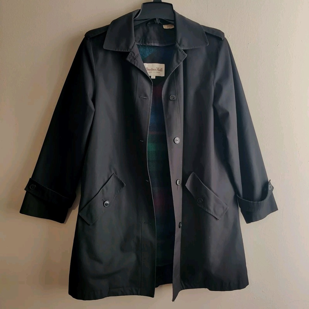 Vintage Saxton Hall Coat Women's Size Small Flannel Lined Black Long Jacket
